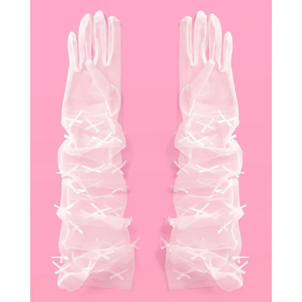Women's Pink Sheer Knot Satin Cute Bow Gloves Halloween Party Costume Accessory